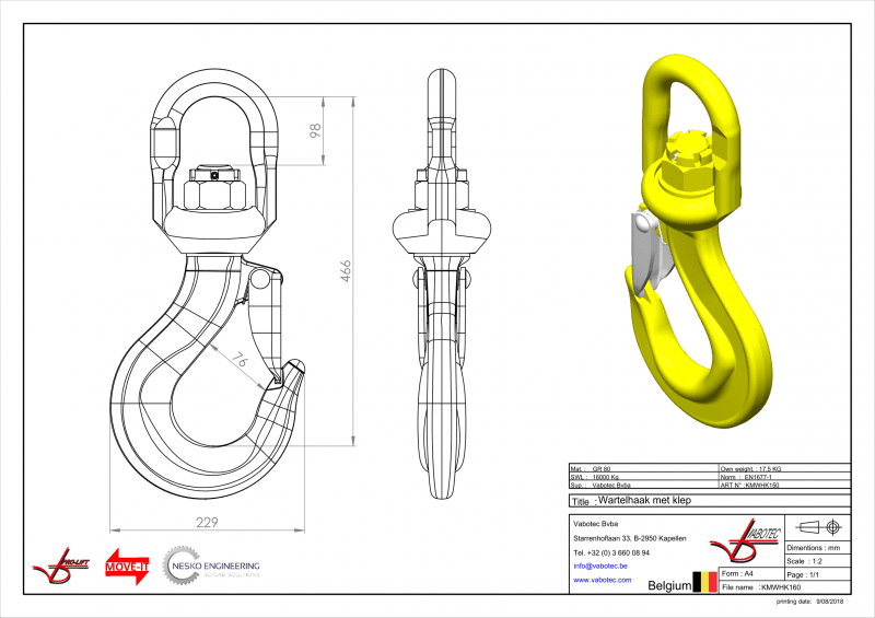 Haken: Wartelhaak met klep, G80- 22mm, 15000 kg Draaibaar onder last.