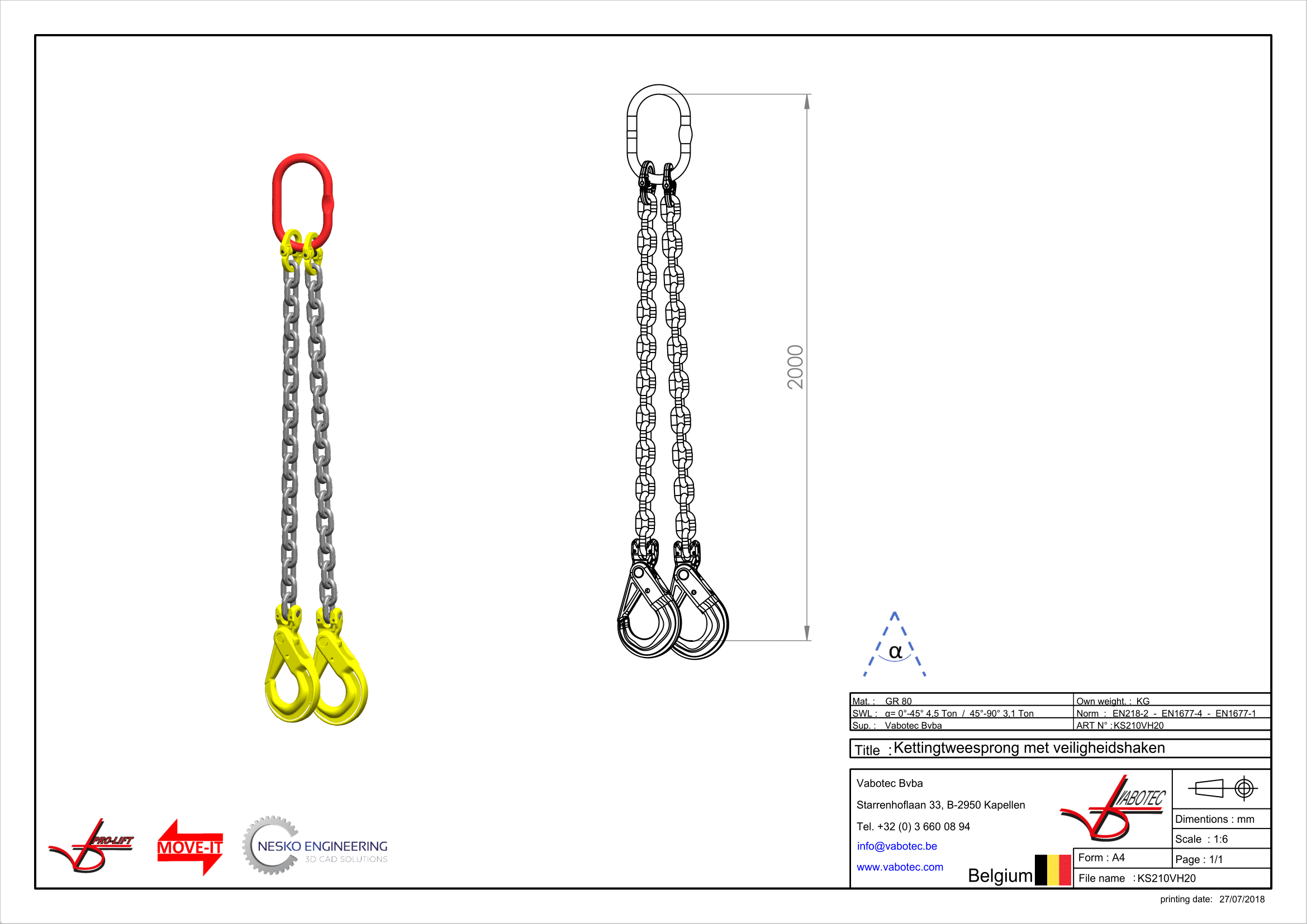 Ketting tweesprong : G80 Voorzien van zelfsluitende haak, veiligheidshaak, 2m Dia.10mm