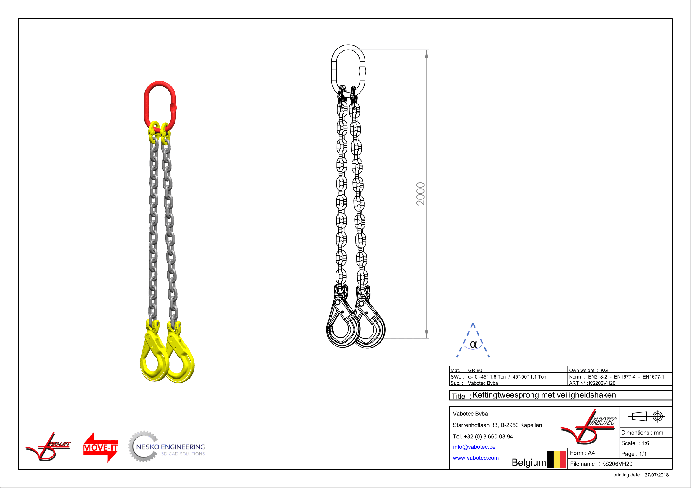 Ketting tweesprong : G80 Voorzien van zelfsluitende haak, veiligheidshaak, 2m Dia.8mm