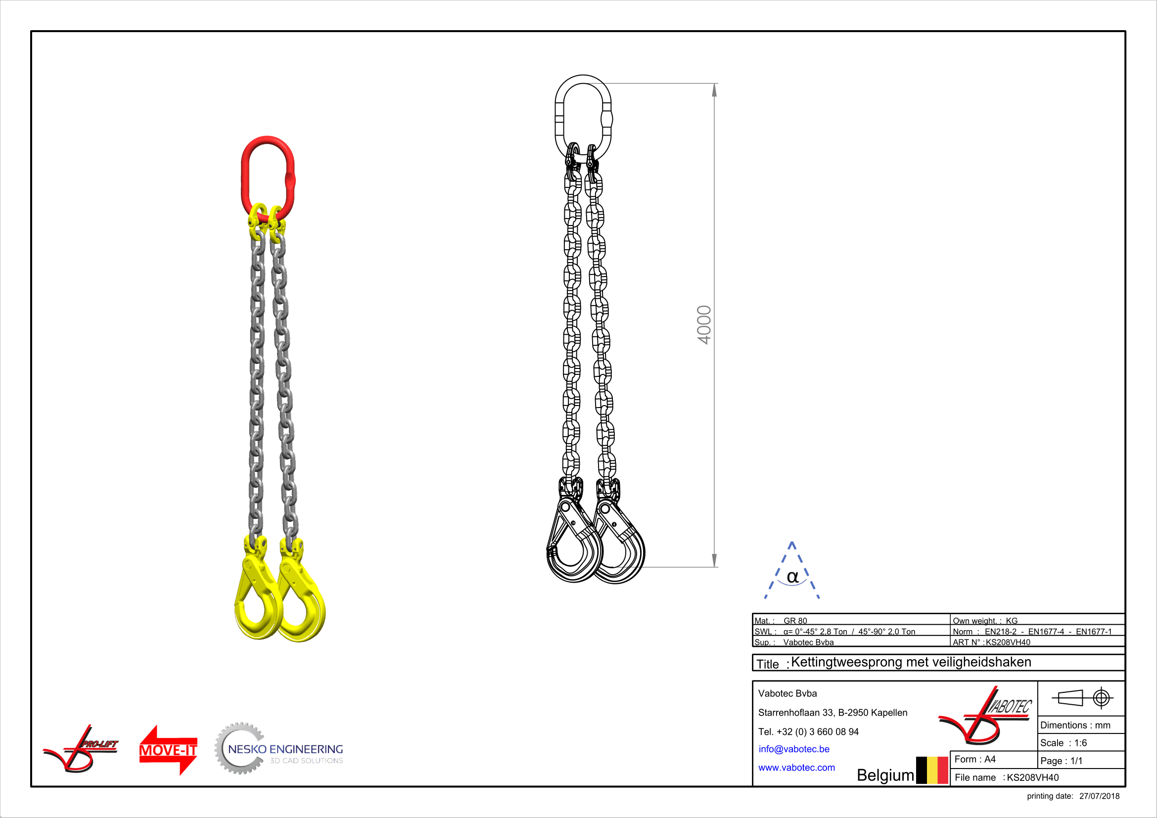 Ketting tweesprong : G80 Voorzien van zelfsluitende haak, veiligheidshaak, 4m Dia.8mm