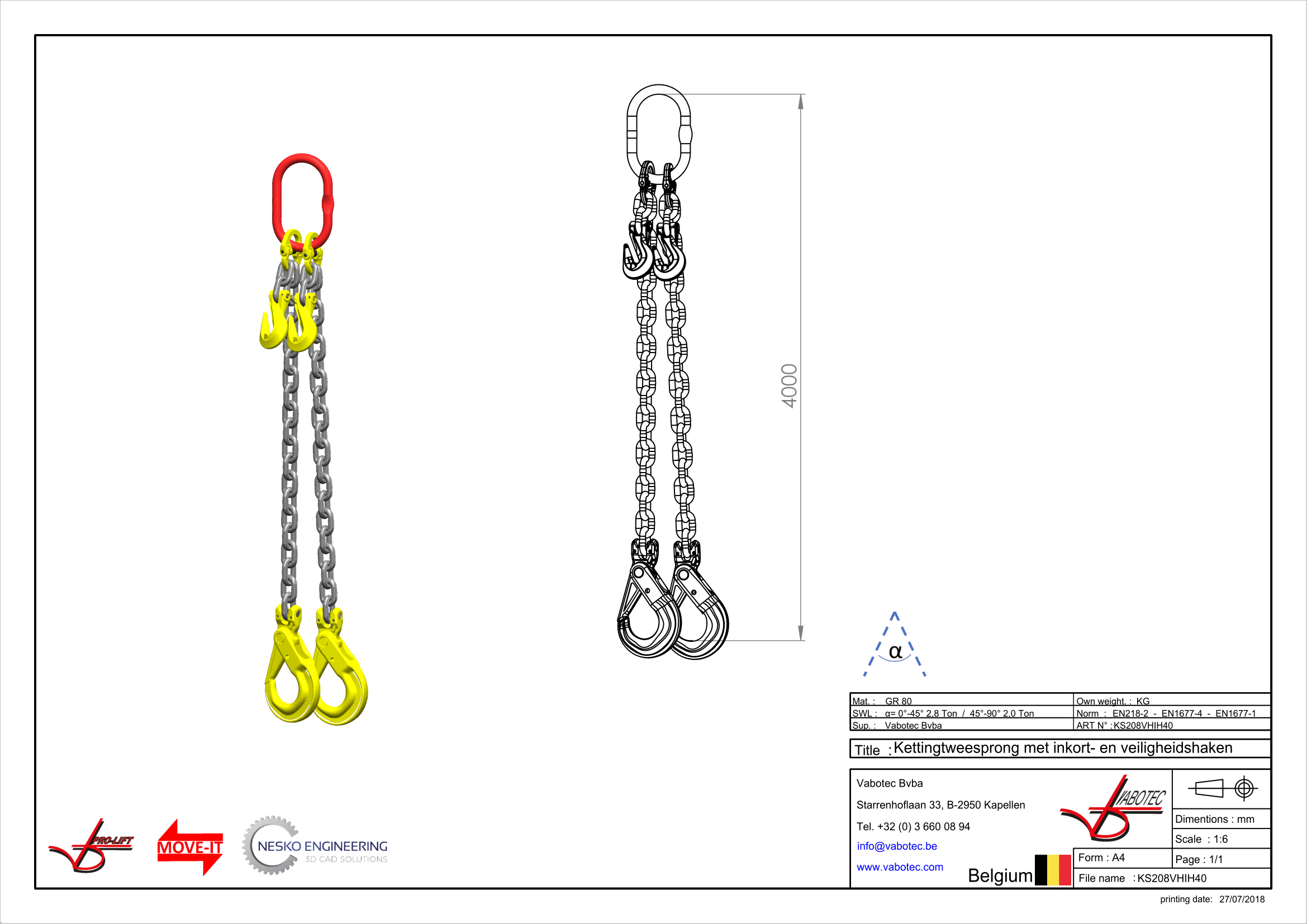 Ketting tweesprong : G80 Voorzien van zelfsluitende haak, veiligheidshaak en inkorthaak 4m Dia.8mm