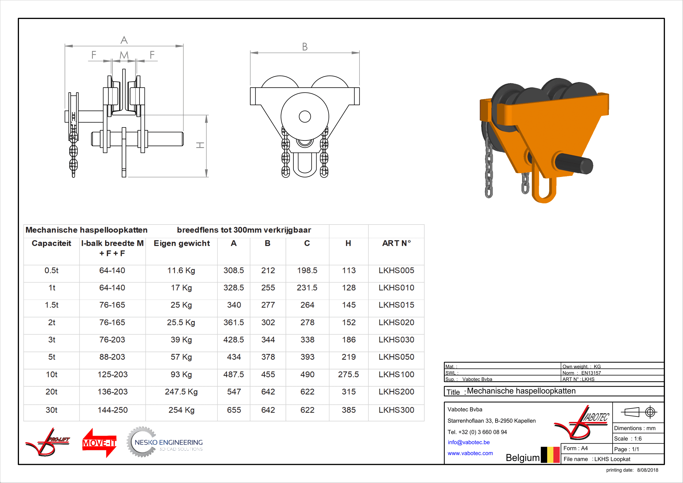 Takel - Haspelloopkat standaard traverseren door middel van een handketting 10000kg 125-300mm